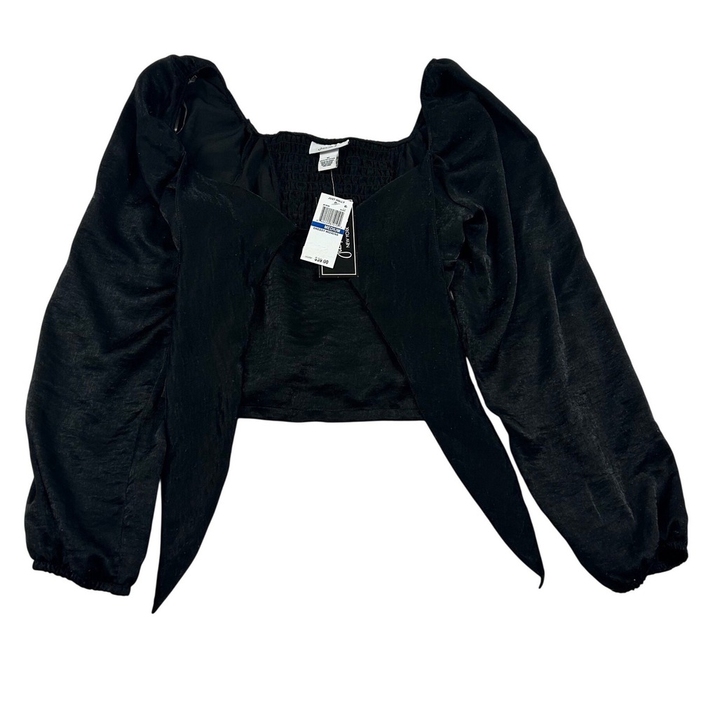 Just Polly New York Womens Black Front Tie Smocked Back Crop Top Medium NWT